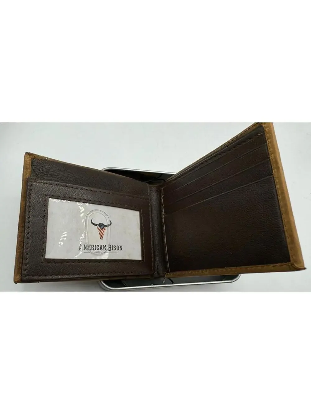 American Bison Brown Leather Bi-Fold Wallet with American Flag Logo